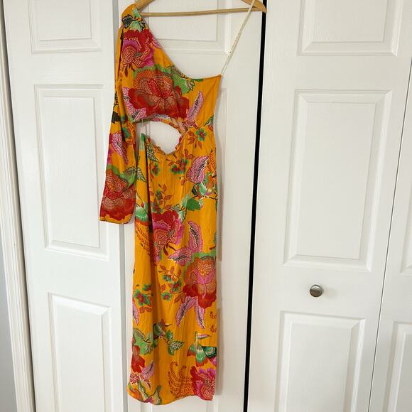 NWOT Anthropologie x Farm Rio Single Shoulder Cutout Maxi Dress S Yellow Floral - Picture 5 of 10